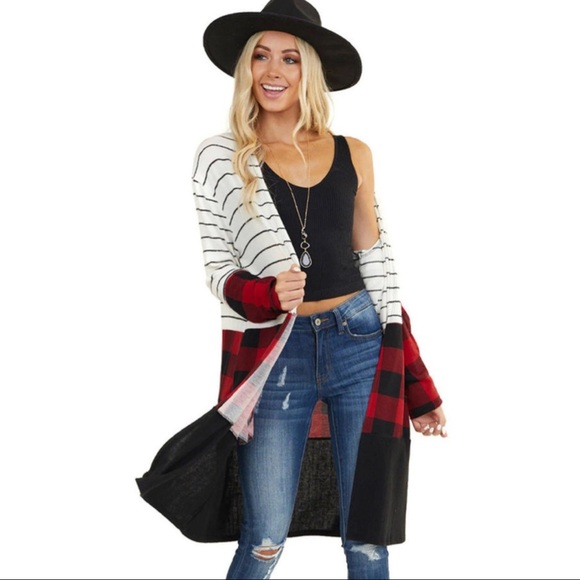 Red Plaid Colorblock Striped Cardigan - Picture 2 of 4